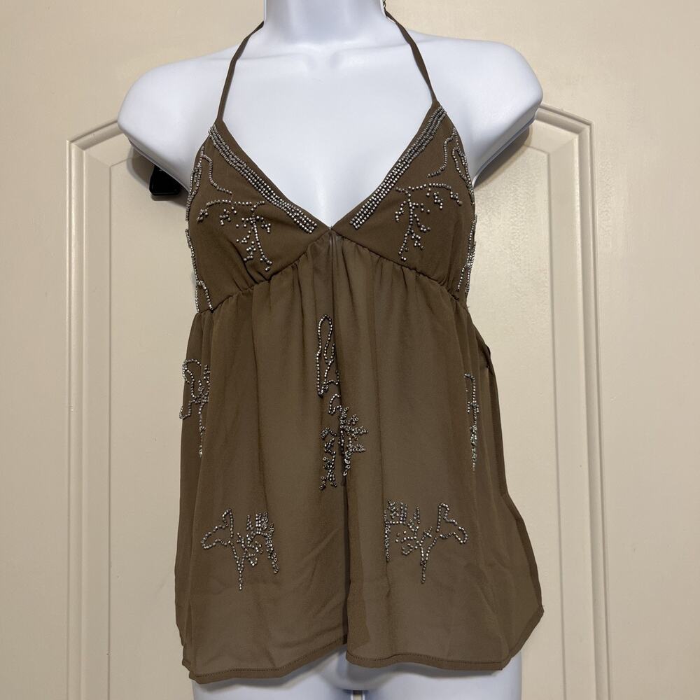 Sincerely Jules Beaded Brown Y2K Babydoll Style Top Women's Size Small NWT